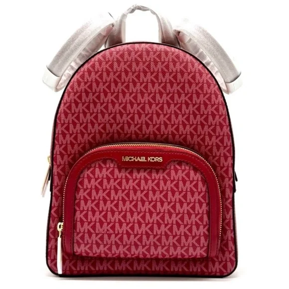 Michael Kors Jaycee Medium Signature Logo Backpack Cherry - Picture 1 of 12